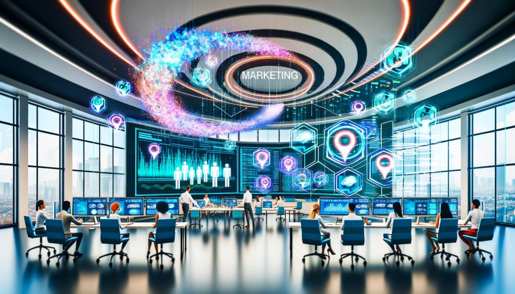 Futuristisches Open-Office: Marketers und KI-Teams analysieren Echtzeit-Marketingdaten auf digitalen und holographischen Displays mit farbenfrohen Datenströmen und 3D-Visualisierungen.