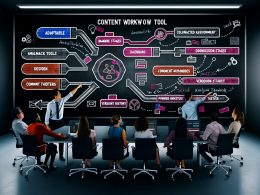 Marketingteam um einen großen digitalen Touchscreen mit Content-Workflow-Dashboard, automatisierten Aufgaben, Kalendern und Kommentarbereichen; im Hintergrund verblasste analoge Tools
