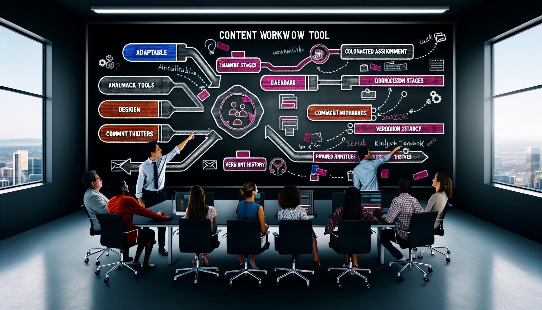 Marketingteam um einen großen digitalen Touchscreen mit Content-Workflow-Dashboard, automatisierten Aufgaben, Kalendern und Kommentarbereichen; im Hintergrund verblasste analoge Tools