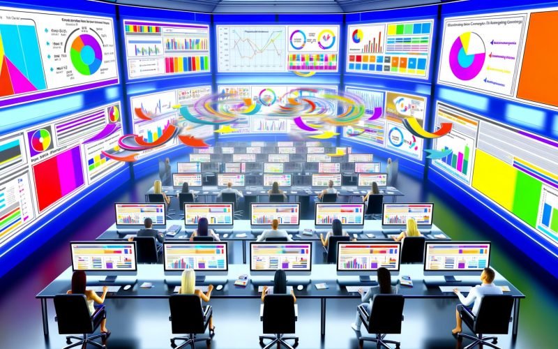 Digitales Marketing-Kontrollzentrum mit mehreren Bildschirmen voller bunter Banneranzeigen, Live-Daten, Diagrammen und analytischen Dashboards zur Überwachung von Kampagnenleistung.