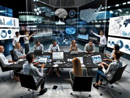 Team aus Datenwissenschaftler:innen, Business-Managern und IT-Fachkräften arbeitet gemeinsam im modernen Büro an Laptops und diskutiert Datenvisualisierungen auf großen Bildschirmen.