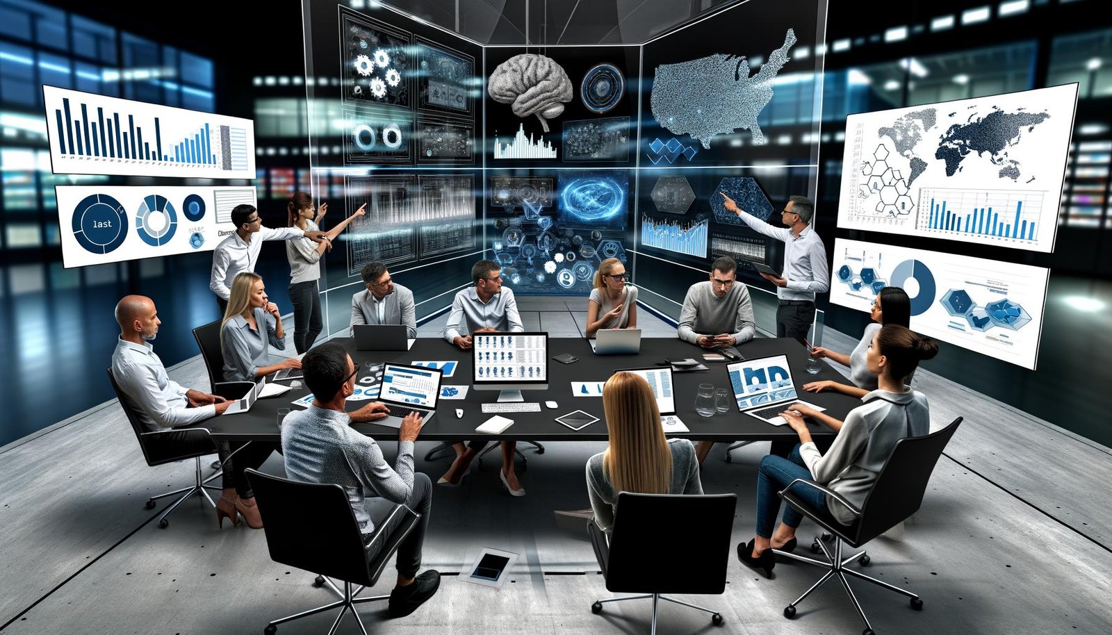 Team aus Datenwissenschaftler:innen, Business-Managern und IT-Fachkräften arbeitet gemeinsam im modernen Büro an Laptops und diskutiert Datenvisualisierungen auf großen Bildschirmen.