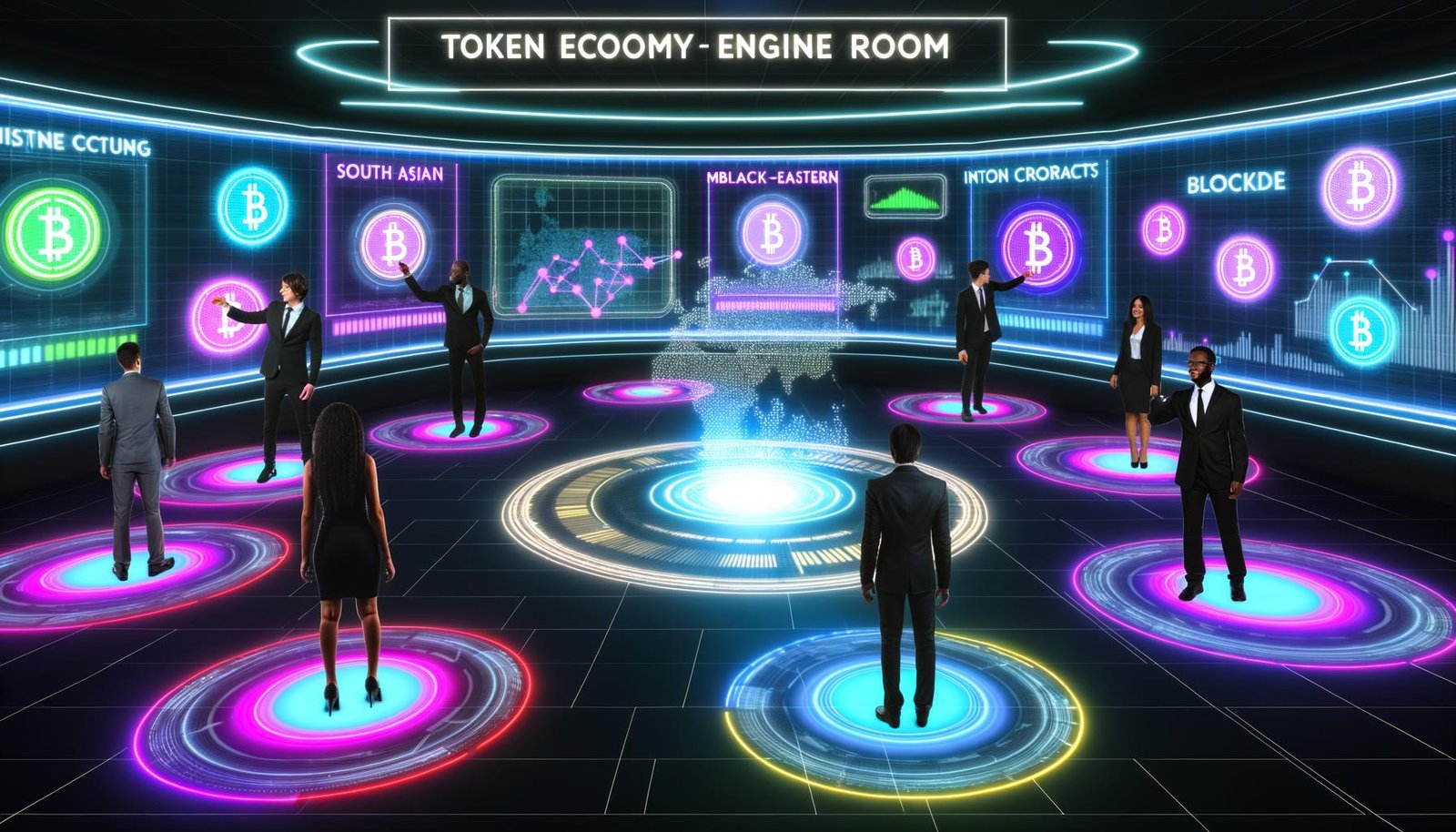 Futuristischer Kontrollraum mit Neonlichtern, holografischen Interfaces, Token-Visualisierungen und jungen Profis, die an digitalen Belohnungssystemen arbeiten.