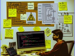 Entwickler betrachtet gtag.js-Code, Netzwerk-Requests und Analyse-Grafiken auf großem Bildschirm in einem modernen Arbeitsbereich mit Debug- und Consent-Notizen.