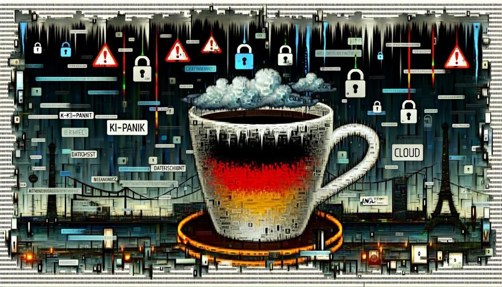 Illustration eines leeren Kaffeebechers mit deutscher Fahne, umgeben von Codefragmenten, Ethernet-Kabeln und pixeligen Warnzeichen vor Berlin und digitalen Wolken, mit Begriffen wie KI-Panik und Datenschutz.