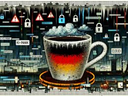 Illustration eines leeren Kaffeebechers mit deutscher Fahne, umgeben von Codefragmenten, Ethernet-Kabeln und pixeligen Warnzeichen vor Berlin und digitalen Wolken, mit Begriffen wie KI-Panik und Datenschutz.