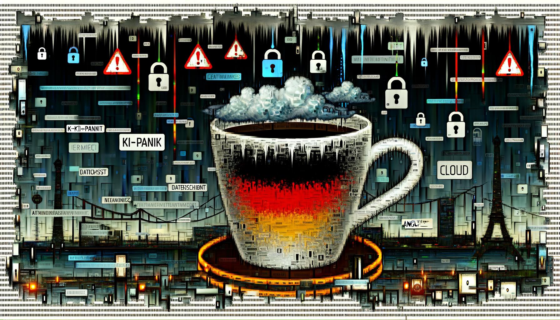 Illustration eines leeren Kaffeebechers mit deutscher Fahne, umgeben von Codefragmenten, Ethernet-Kabeln und pixeligen Warnzeichen vor Berlin und digitalen Wolken, mit Begriffen wie KI-Panik und Datenschutz.