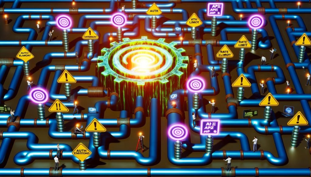 Konzeptbild eines technischen Labyrinths mit leuchtenden Kanälen, farbigen Marketing-Tool-Symbolen, Warnschildern und checkenden KI-Avataren sowie Nerd-Figuren rund um ein zentrales API-Interface.