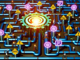 Konzeptbild eines technischen Labyrinths mit leuchtenden Kanälen, farbigen Marketing-Tool-Symbolen, Warnschildern und checkenden KI-Avataren sowie Nerd-Figuren rund um ein zentrales API-Interface.