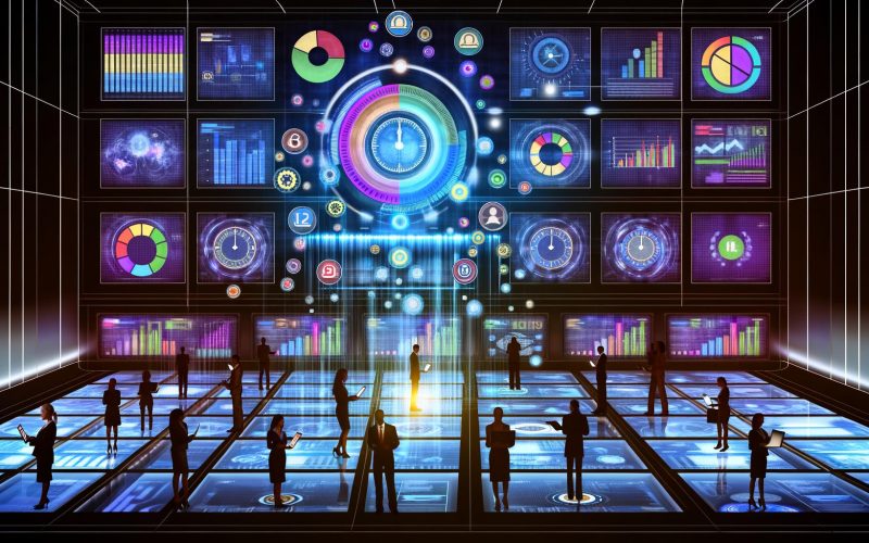 Digitales Marketing-Kontrollzentrum mit mehreren Bildschirmen, die Diagramme, Zeitpläne und Analysetools zeigen, beleuchtet in Blau und Violett, während ein Team die Daten auf digitalen Geräten prüft.