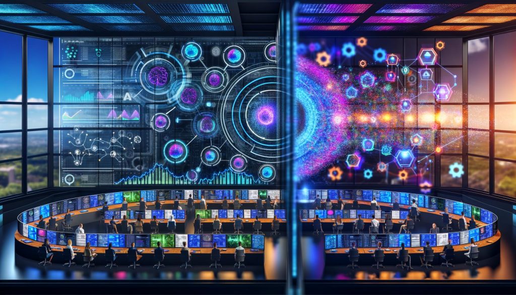 Futuristischer Marketing-Kontrollraum mit holografischen Nutzerdaten-Dashboards, KI-Feedbackanalysen und einem Vergleich zwischen klassischen und modernen Bewertungssystemen.