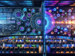 Futuristischer Marketing-Kontrollraum mit holografischen Nutzerdaten-Dashboards, KI-Feedbackanalysen und einem Vergleich zwischen klassischen und modernen Bewertungssystemen.