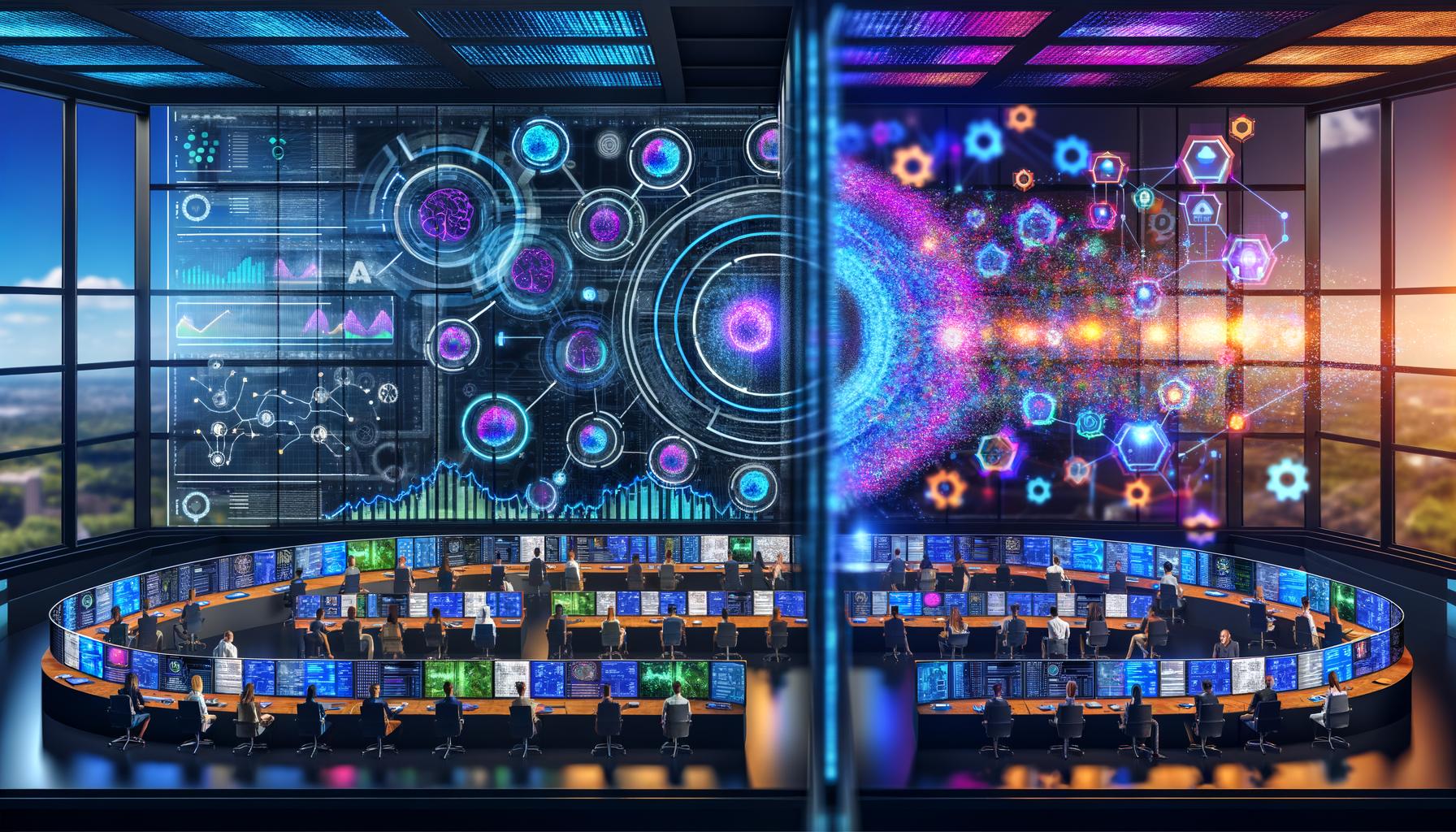 Futuristischer Marketing-Kontrollraum mit holografischen Nutzerdaten-Dashboards, KI-Feedbackanalysen und einem Vergleich zwischen klassischen und modernen Bewertungssystemen.