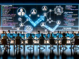 Futuristisches Büro mit Marketers, Vertriebs- und Tech-Spezialisten an modernen Arbeitsplätzen, auf Monitoren sind LinkedIn-Profile, Code, Automatisierungs-Workflows, Analytics-Dashboards sowie KI-Visualisierungen und Netzwerkdatenströme zu sehen.