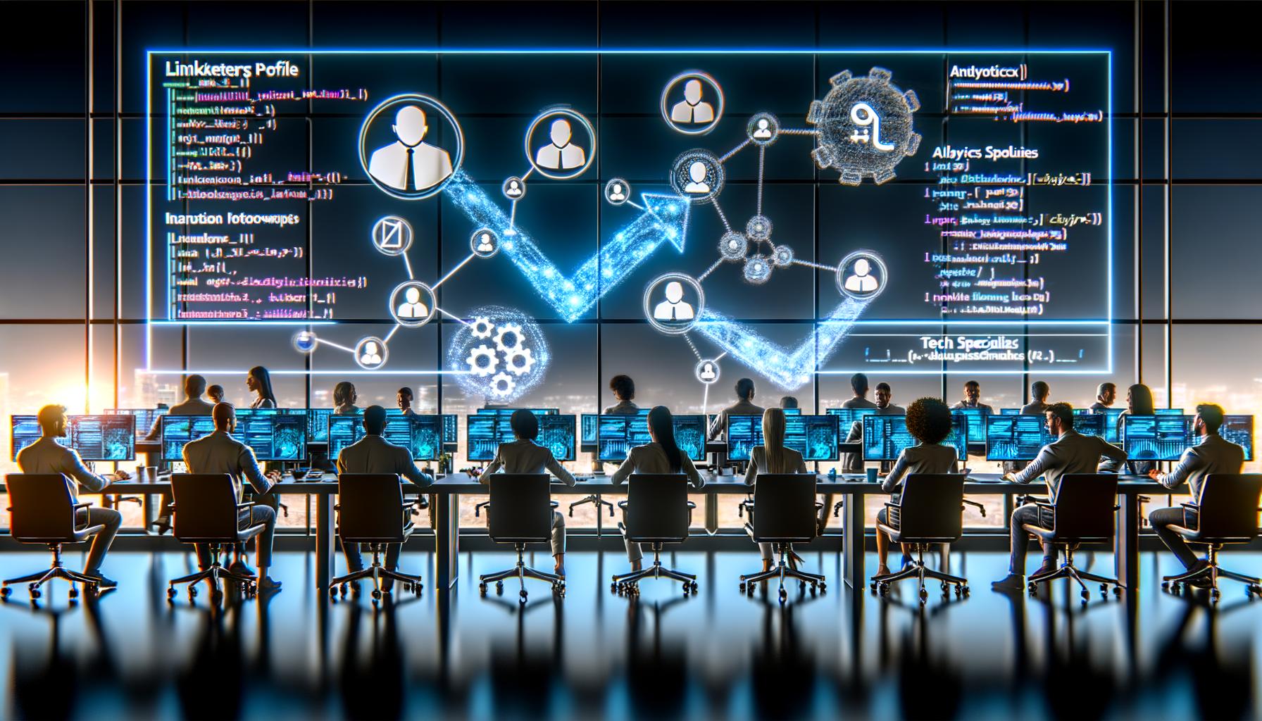Futuristisches Büro mit Marketers, Vertriebs- und Tech-Spezialisten an modernen Arbeitsplätzen, auf Monitoren sind LinkedIn-Profile, Code, Automatisierungs-Workflows, Analytics-Dashboards sowie KI-Visualisierungen und Netzwerkdatenströme zu sehen.