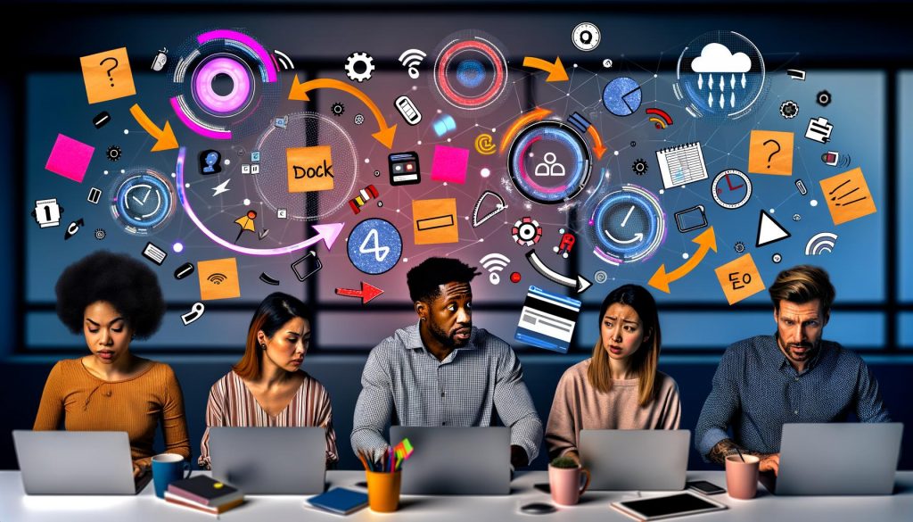 Marketing-Team diskutiert an Laptops, umgeben von digitalen Tools wie Trello, Asana, KI-Symbolen, Notizblöcken und schwebenden Deadline-Uhren in einem modernen, chaotischen Büro.