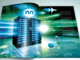 Doppelseitiges Magazinmotiv mit Nginx-Server-Rack im blauen und grünen Licht, umgeben von Geschwindigkeitssymbolen, Codes und schnellen Websites im Vergleich zu unscharfen, langsamen Seiten.