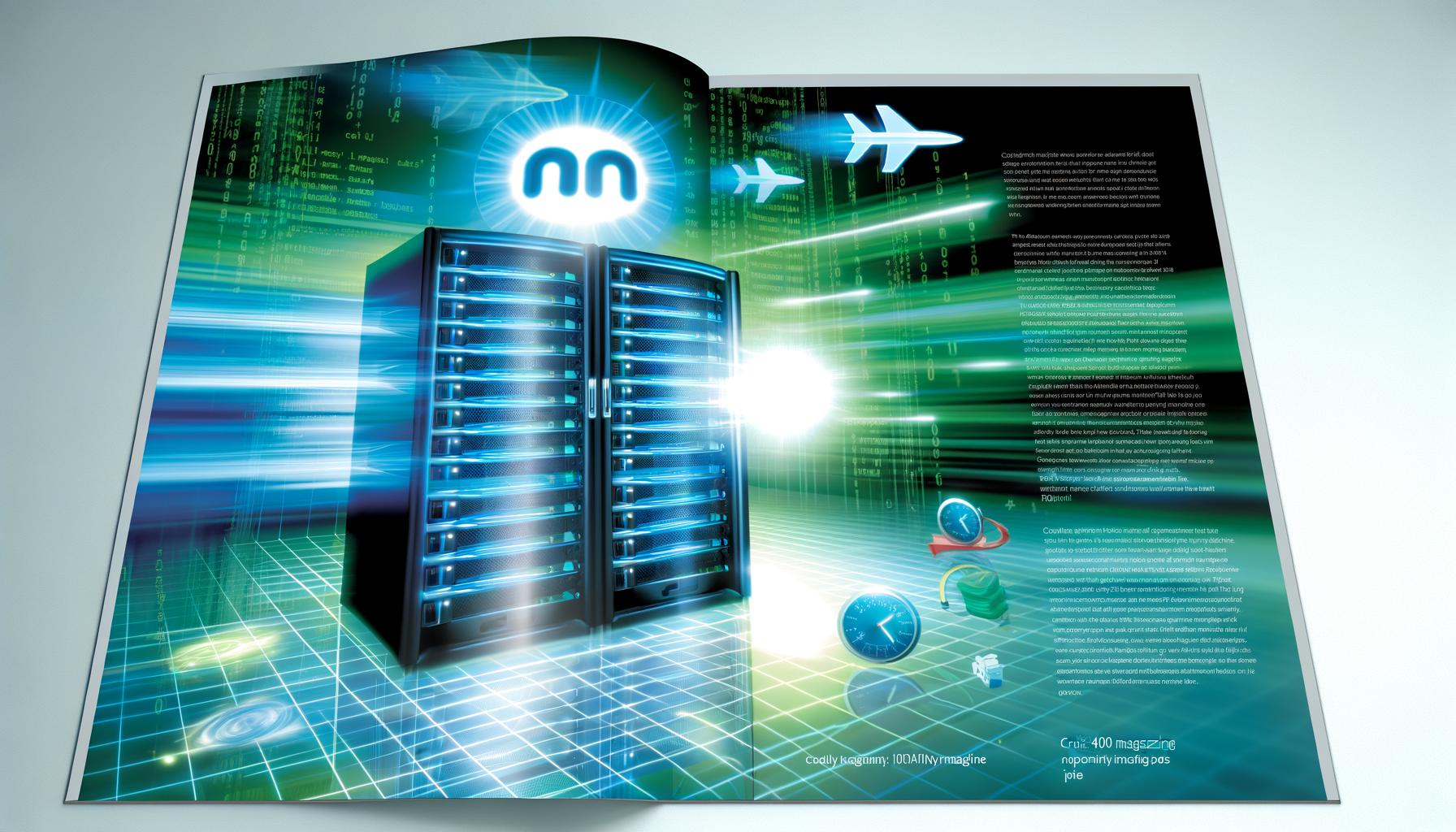 Doppelseitiges Magazinmotiv mit Nginx-Server-Rack im blauen und grünen Licht, umgeben von Geschwindigkeitssymbolen, Codes und schnellen Websites im Vergleich zu unscharfen, langsamen Seiten.