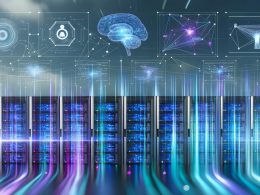 Futuristischer Serverraum mit übereinander gestapelten Serverracks, leuchtenden Datenströmen in Blau, Türkis und Violett sowie schwebenden Data-Science-Hologrammen.