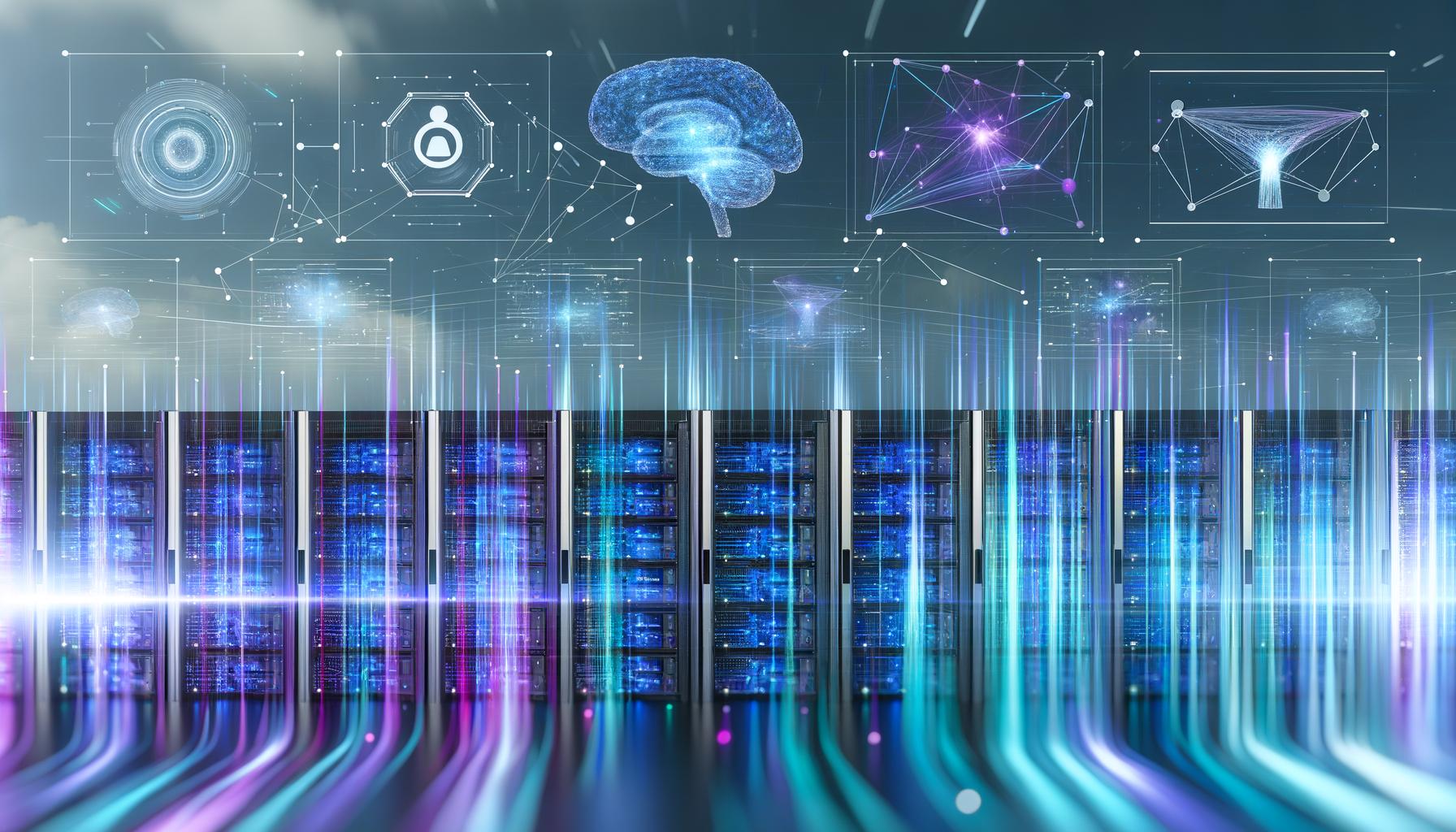 Futuristischer Serverraum mit übereinander gestapelten Serverracks, leuchtenden Datenströmen in Blau, Türkis und Violett sowie schwebenden Data-Science-Hologrammen.