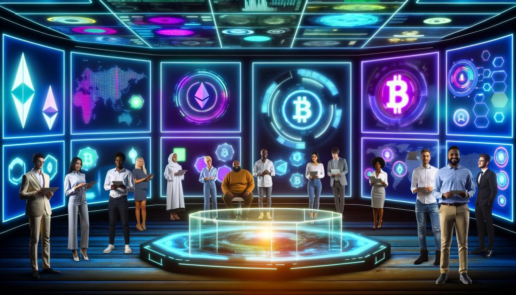 Futuristische Kontrollraum-Szene mit Analysten an einer Sandbox-Konsole, umgeben von schwebenden Token, Kryptowährungen und pulsierenden Blockchain-Diagrammen.