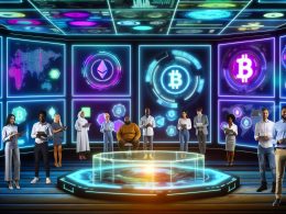 Futuristische Kontrollraum-Szene mit Analysten an einer Sandbox-Konsole, umgeben von schwebenden Token, Kryptowährungen und pulsierenden Blockchain-Diagrammen.