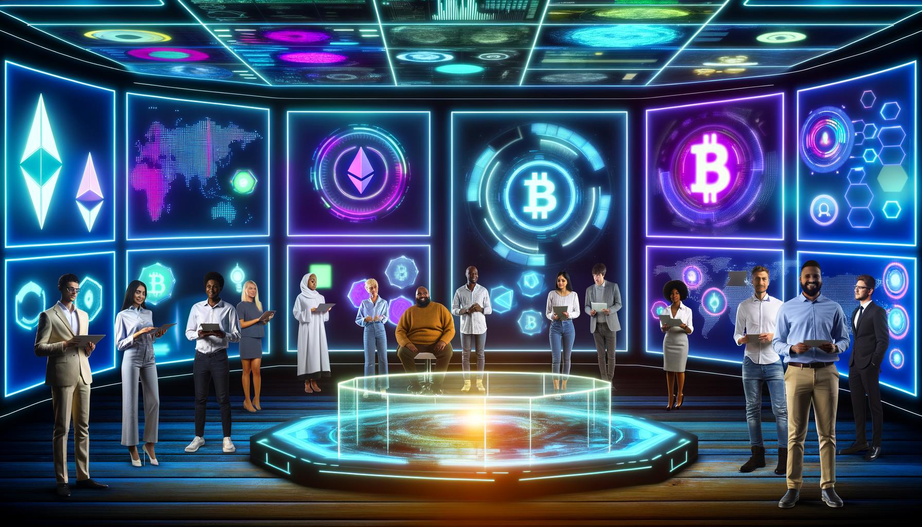 Futuristische Kontrollraum-Szene mit Analysten an einer Sandbox-Konsole, umgeben von schwebenden Token, Kryptowährungen und pulsierenden Blockchain-Diagrammen.