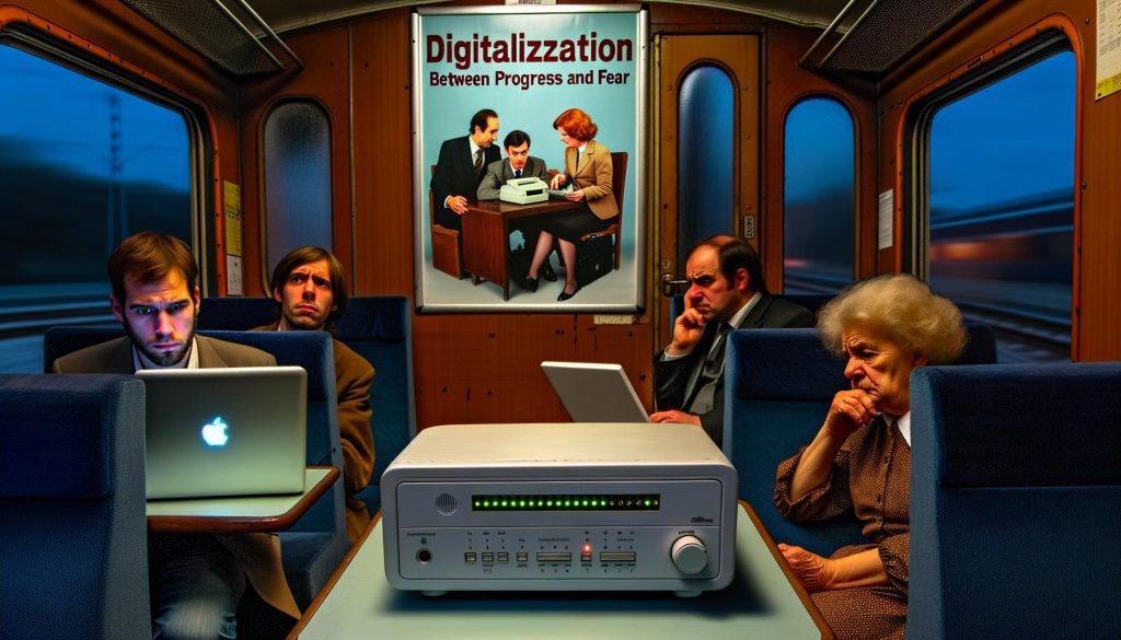 Fahrgäste in einem deutschen Bahnabteil versammelt sich unsicher um einen Router mit blinkenden Lichtern, während im Hintergrund ein großes Plakat zur Digitalisierung hängt und unterschiedliche Generationen Laptop und Faxgerät nutzen.