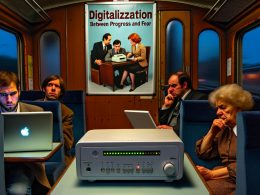 Fahrgäste in einem deutschen Bahnabteil versammelt sich unsicher um einen Router mit blinkenden Lichtern, während im Hintergrund ein großes Plakat zur Digitalisierung hängt und unterschiedliche Generationen Laptop und Faxgerät nutzen.