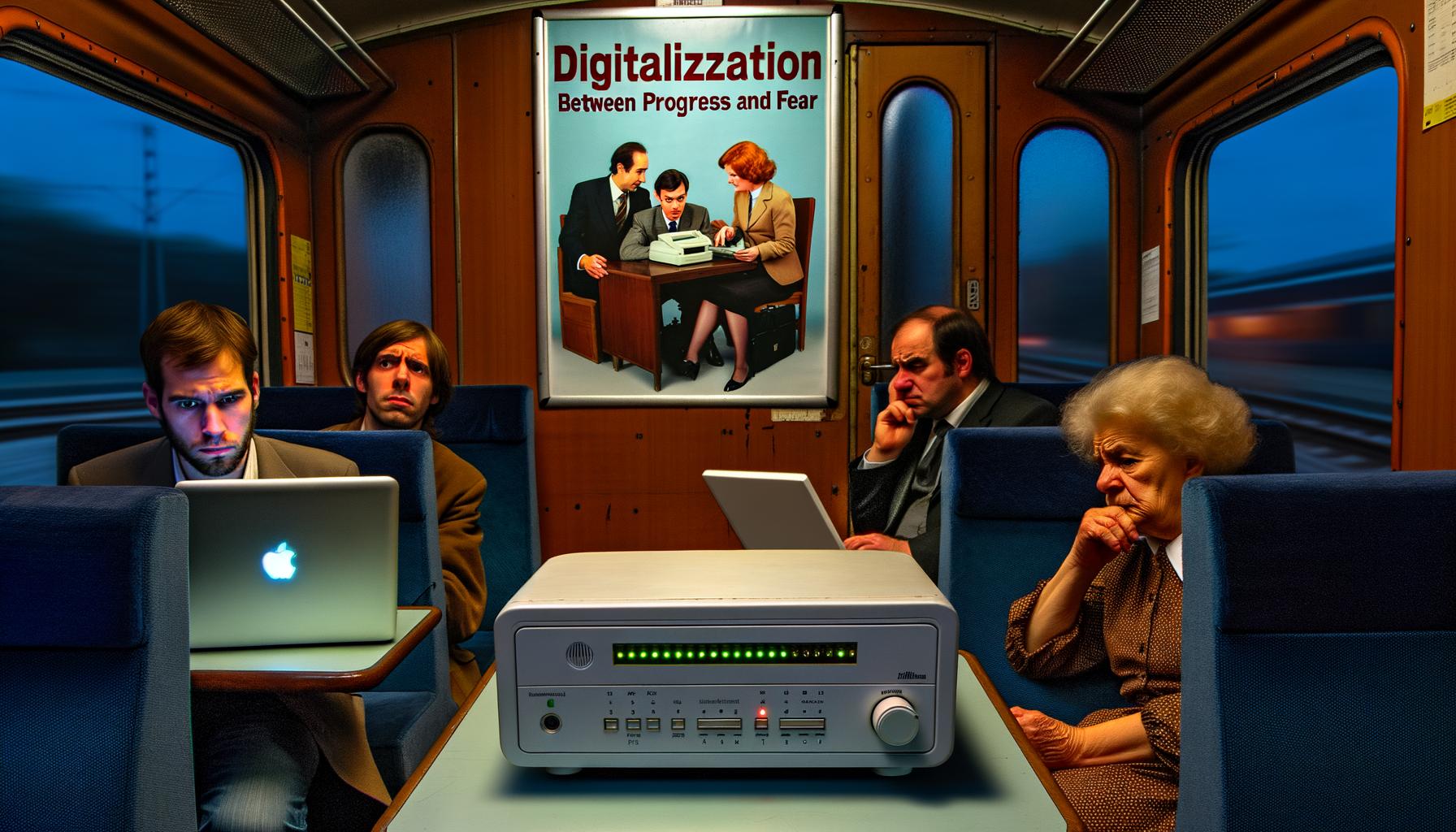 Fahrgäste in einem deutschen Bahnabteil versammelt sich unsicher um einen Router mit blinkenden Lichtern, während im Hintergrund ein großes Plakat zur Digitalisierung hängt und unterschiedliche Generationen Laptop und Faxgerät nutzen.
