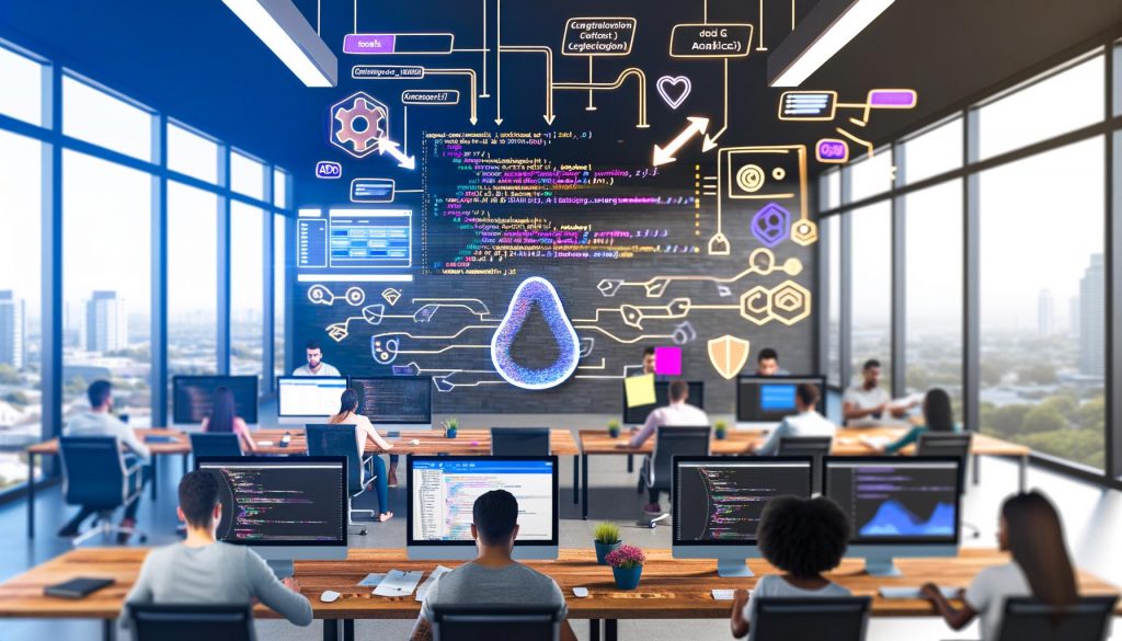 Moderner Arbeitsbereich mit Monitoren für Echtzeit-Datenanalyse, gtag.js-Codeintegration und kollaborierenden Digitalexperten, betont durch datenschutzorientierte Visualisierungen.