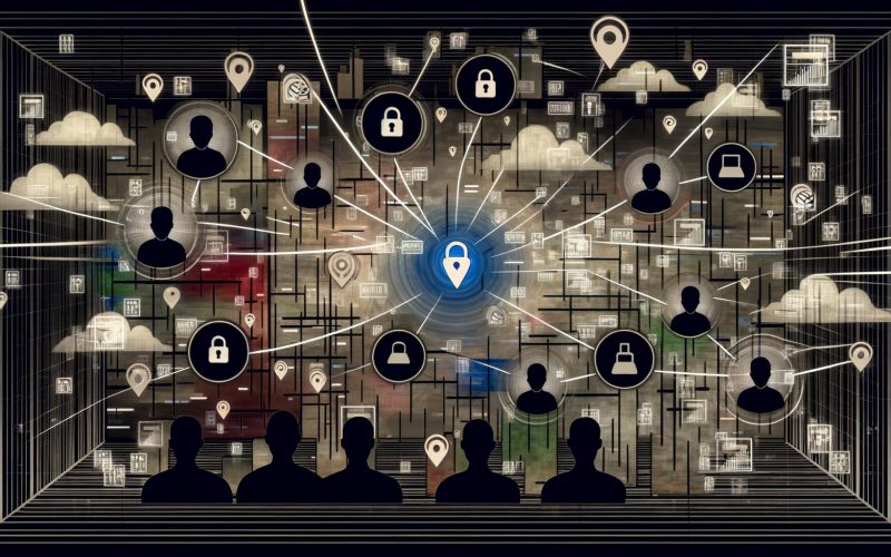 Hochtechnologische Illustration mit Nutzer-Silhouetten, Datensymbolen, verknüpften Anzeigenbildschirmen, Server-Racks und Datenschutzsymbolen, die die Komplexität der Werbe-Targeting-Ökosysteme zeigen.
