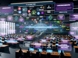 Digitale Marketer steuern im modernen Büro eine große dynamische Marketing-Dashboard mit API, vernetzten Plattformen und Echtzeitdaten.