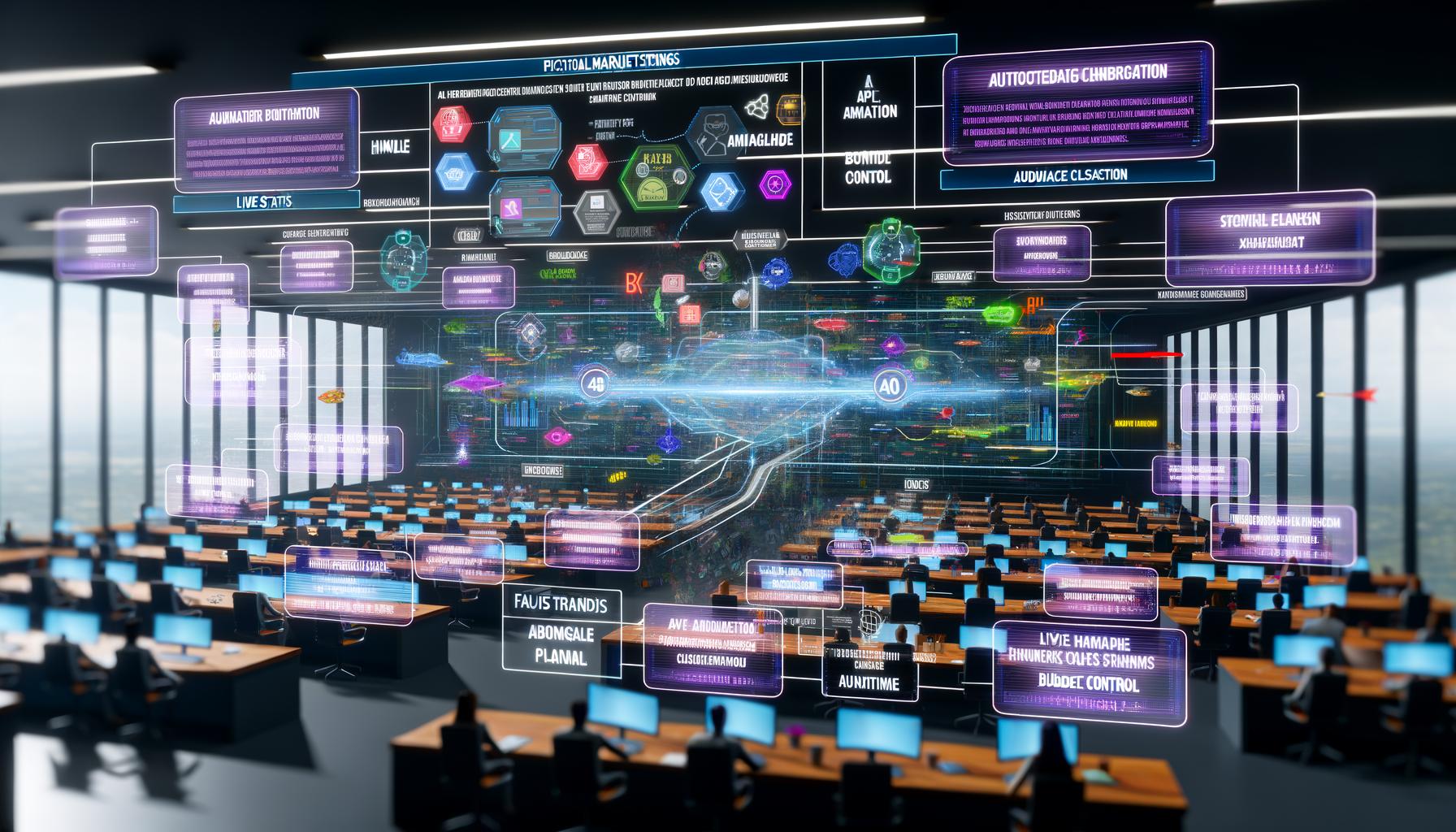 Digitale Marketer steuern im modernen Büro eine große dynamische Marketing-Dashboard mit API, vernetzten Plattformen und Echtzeitdaten.