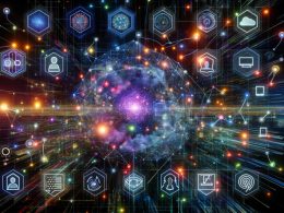 Futuristisches, mehrdimensionales digitales Netz mit leuchtenden Datenströmen, holografischen Nutzerprofilen, Geräten, KI-Elementen und Analytics-Dashboards in einer hochmodernen Medienszenerie.