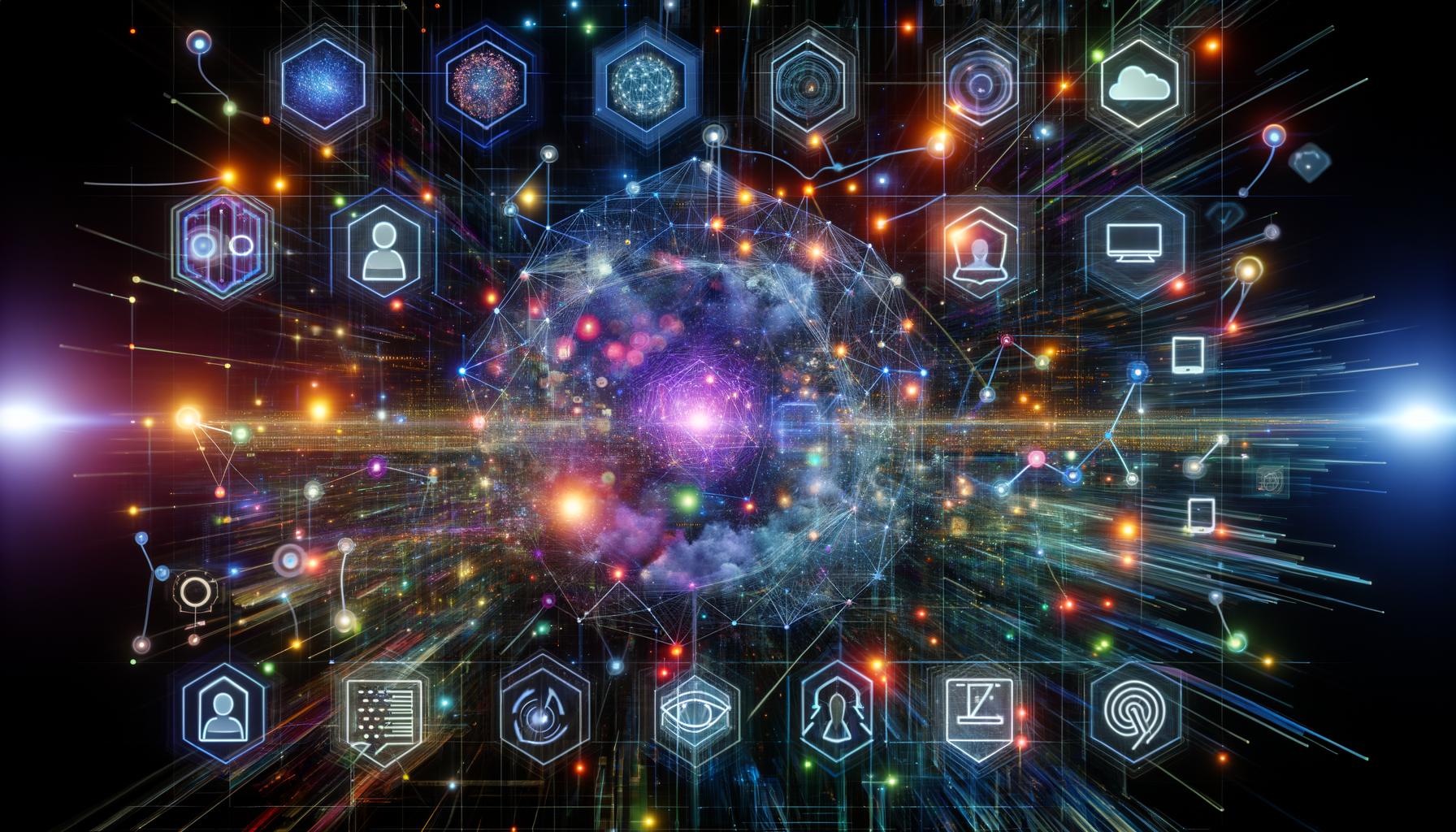 Futuristisches, mehrdimensionales digitales Netz mit leuchtenden Datenströmen, holografischen Nutzerprofilen, Geräten, KI-Elementen und Analytics-Dashboards in einer hochmodernen Medienszenerie.