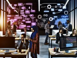 Digital Workspace mit Team, Kanban-Boards, Workflow-Diagrammen, wachsenden Website-Traffic-Charts und kreativer Arbeitsatmosphäre.