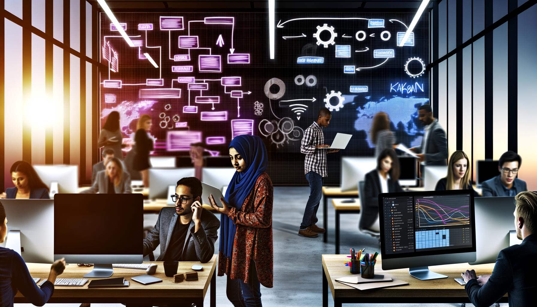 Digital Workspace mit Team, Kanban-Boards, Workflow-Diagrammen, wachsenden Website-Traffic-Charts und kreativer Arbeitsatmosphäre.