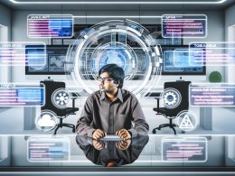 Futuristisches Büro mit mehreren Monitoren, die komplexe SEO-Reports und technische Website-Strukturen zeigen, ein fokussierter SEO-Experte arbeitet am Schreibtisch, umgeben von schwebenden Symbolen wie JavaScript, API und Core Web Vitals.