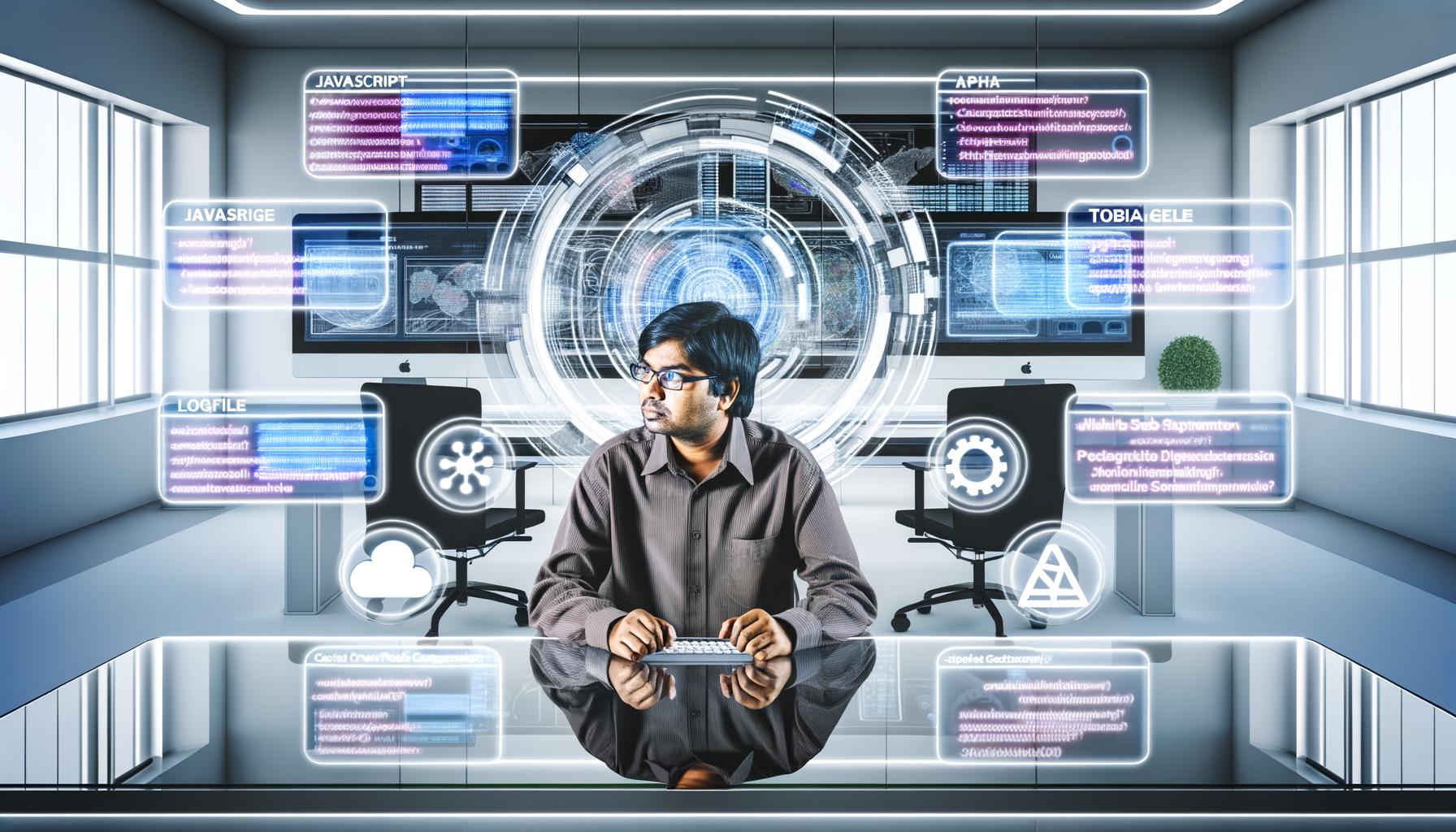 Futuristisches Büro mit mehreren Monitoren, die komplexe SEO-Reports und technische Website-Strukturen zeigen, ein fokussierter SEO-Experte arbeitet am Schreibtisch, umgeben von schwebenden Symbolen wie JavaScript, API und Core Web Vitals.