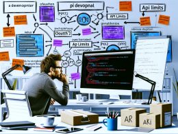 Moderner Büroarbeitsplatz mit Entwickler vor großem Monitor, der das LinkedIn Developer Portal, OAuth2-Flow-Diagramme und API-Code zeigt. Ein Whiteboard mit Skizzen und Notizen steht im Hintergrund. Startup-Stimmung mit Kaffeetassen und Pflanzen.