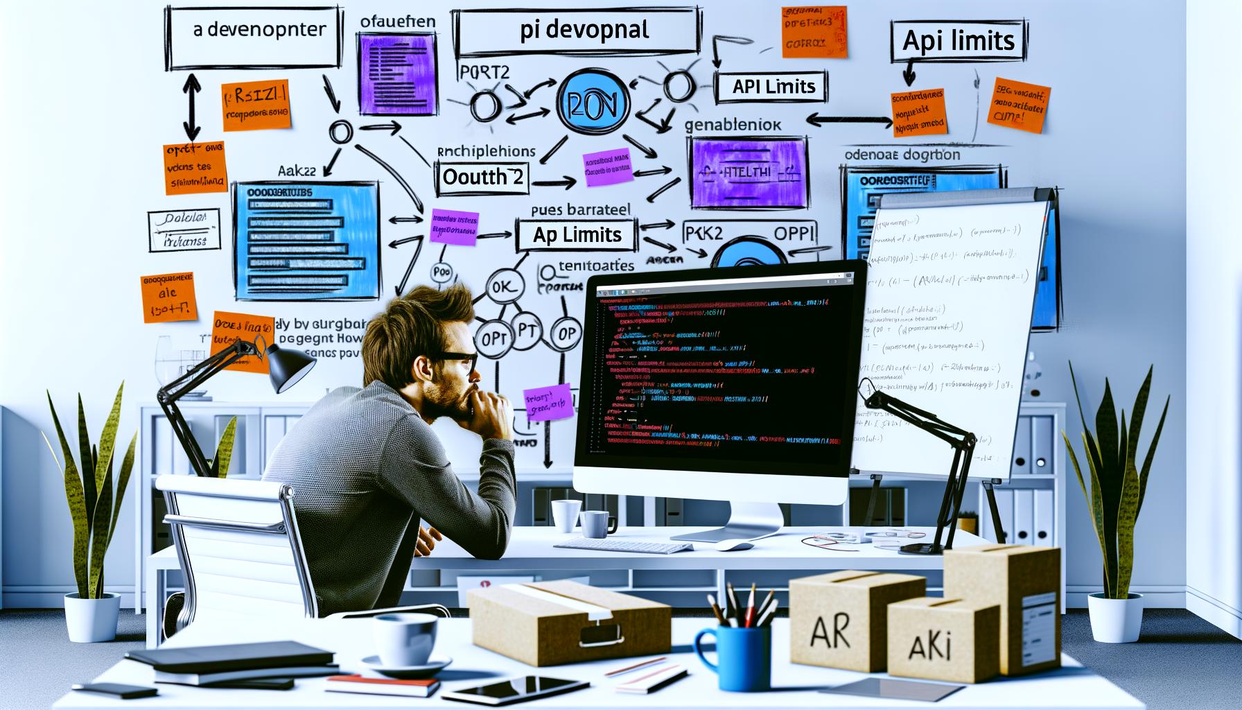 Moderner Büroarbeitsplatz mit Entwickler vor großem Monitor, der das LinkedIn Developer Portal, OAuth2-Flow-Diagramme und API-Code zeigt. Ein Whiteboard mit Skizzen und Notizen steht im Hintergrund. Startup-Stimmung mit Kaffeetassen und Pflanzen.
