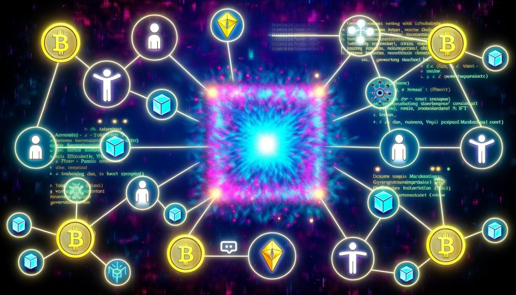 Leuchtende Blockchain mit verschiedenen digitalen Tokens, NFT-Symbolen, vernetzten User-Avataren und UI-Elementen zur Token Economy Strategie.