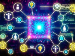 Leuchtende Blockchain mit verschiedenen digitalen Tokens, NFT-Symbolen, vernetzten User-Avataren und UI-Elementen zur Token Economy Strategie.