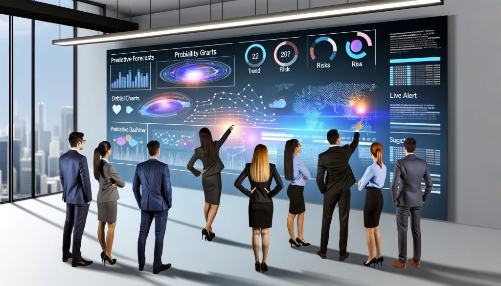 Büro mit Hightech-Dashboard, bunten Datenvisualisierungen, Geschäftsteam in smarter Kleidung, Datenströme aus verschiedenen digitalen Quellen, moderner Arbeitsplatz