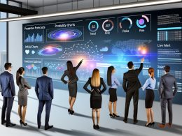 Büro mit Hightech-Dashboard, bunten Datenvisualisierungen, Geschäftsteam in smarter Kleidung, Datenströme aus verschiedenen digitalen Quellen, moderner Arbeitsplatz