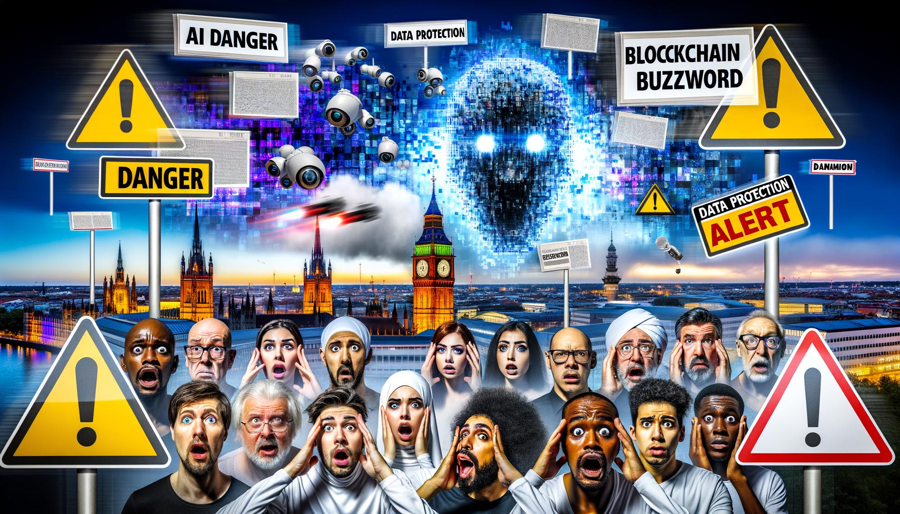 Collage über Techniksorgen in Deutschland mit alarmierten Gesichtern, digitalen Störungen, deutschen Wahrzeichen, Roboterarmen, und Zeitungen mit Schlagzeilen wie 'KI-Gefahr' und 'Datenschutz-Alarm'.