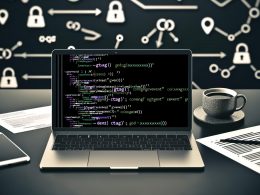 Modernes, technisches Arbeitsumfeld mit Laptop, auf dem Google Analytics 4 Tracking-Code sichtbar ist, umgeben von Unterlagen, Kaffee und Smartphone mit Consent-Software; Google Analytics 4 und Google Ads Logos im Hintergrund.