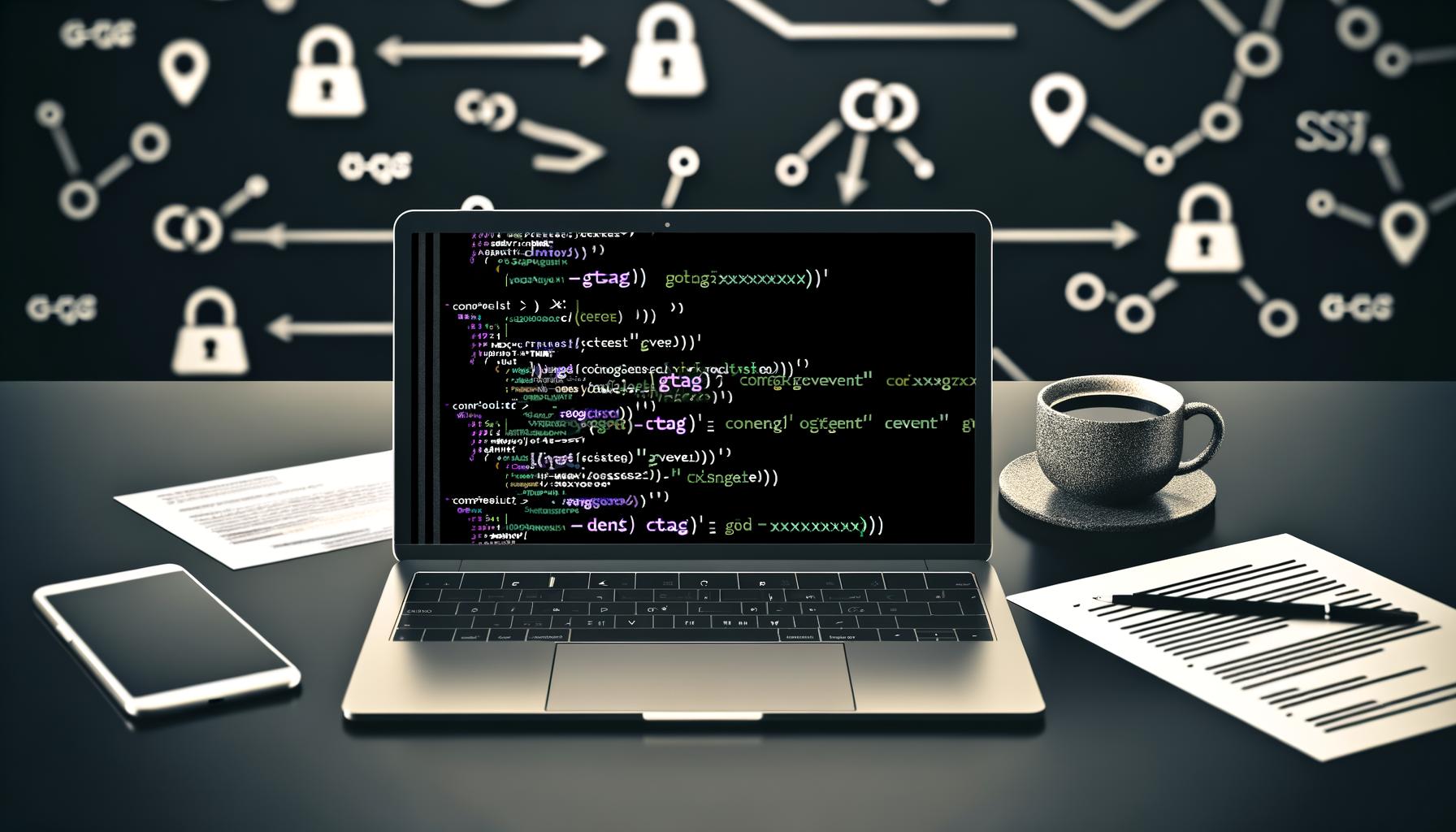 Modernes, technisches Arbeitsumfeld mit Laptop, auf dem Google Analytics 4 Tracking-Code sichtbar ist, umgeben von Unterlagen, Kaffee und Smartphone mit Consent-Software; Google Analytics 4 und Google Ads Logos im Hintergrund.