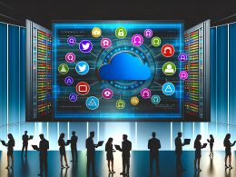 Futuristische digitale Marketingzentrale mit Dashboard, API-Icons, Datenströmen, Marketing-Profis und servergespicktem Hintergrund